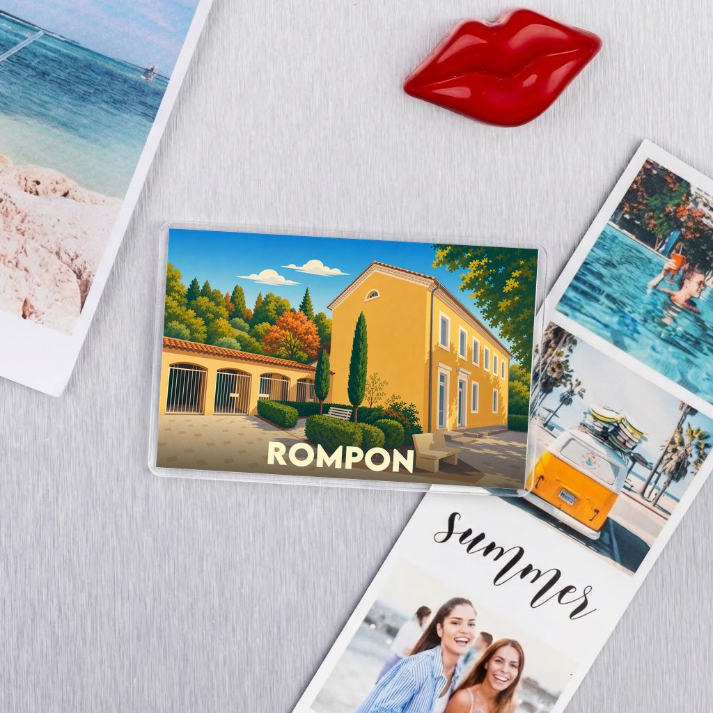 Magnet souvenir de la ville de Rompon avec une illustration stylisée d'un bâtiment jaune.