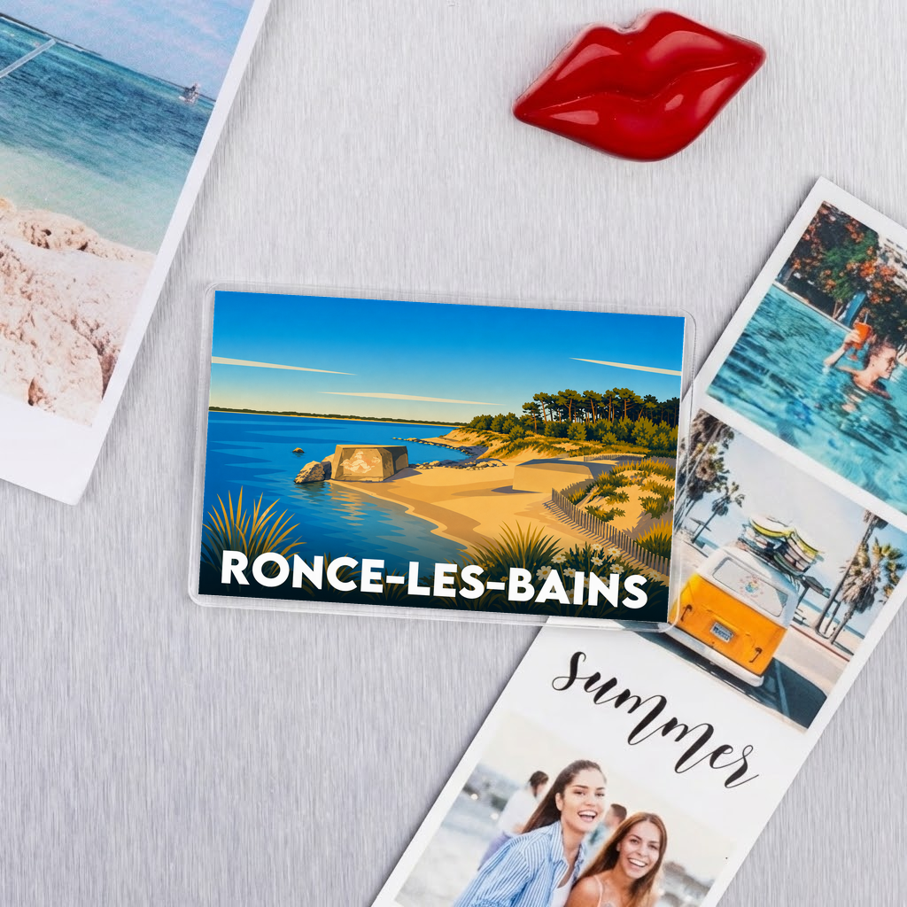 Magnet souvenir de la ville de Ronce-les-Bains avec une illustration stylisée de sa côte.