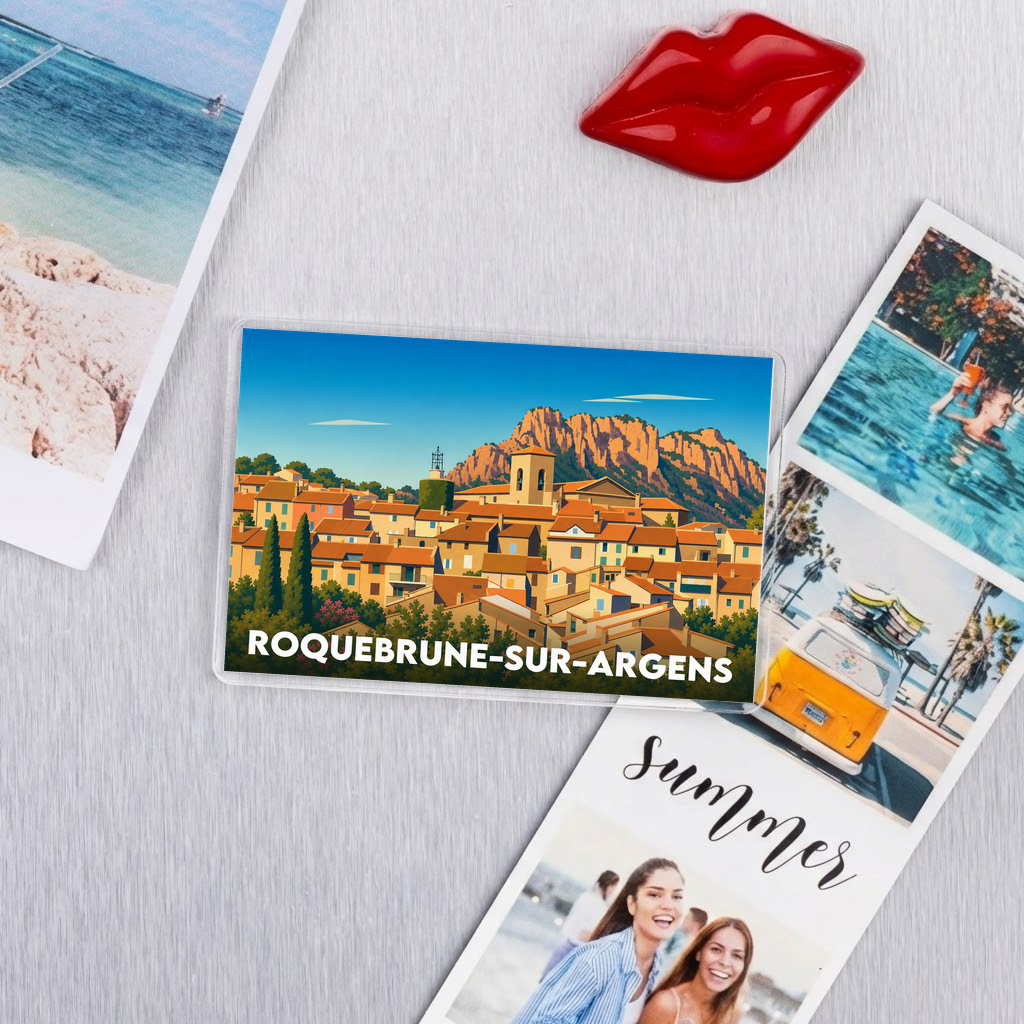 Magnet souvenir de la ville de Roquebrune-sur-Argens avec une illustration stylisée.