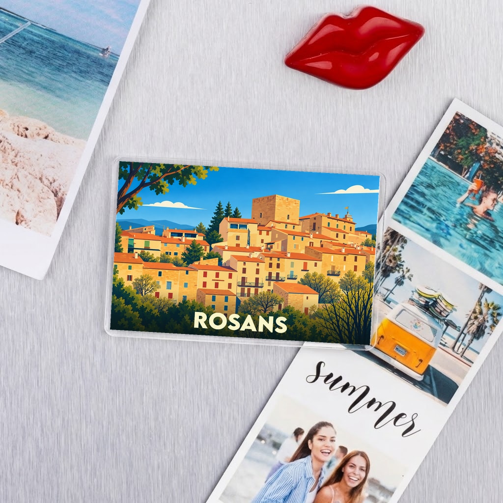 Magnet souvenir de la ville de Rosans avec une illustration stylisée d'un village provençal.