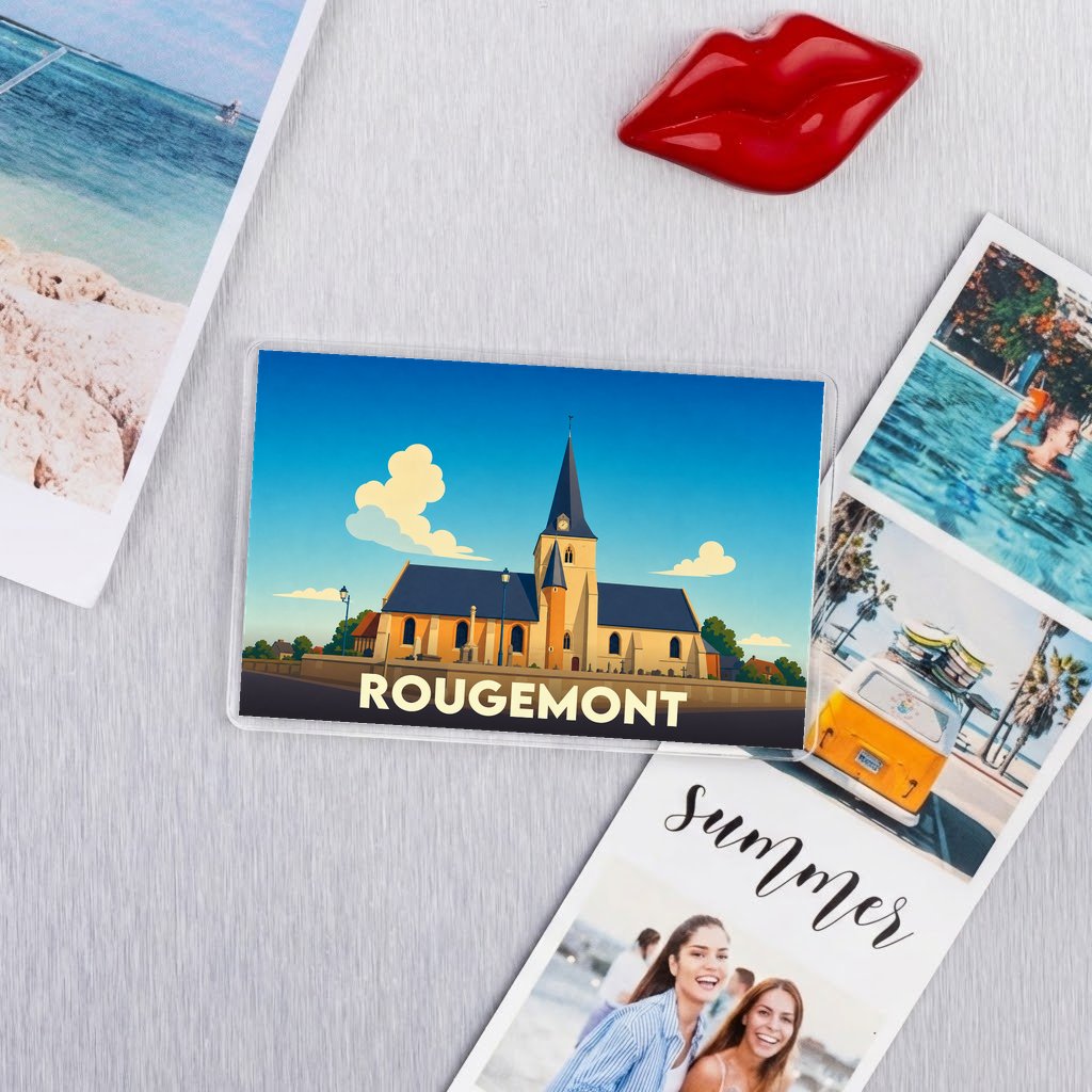 Magnet souvenir de la ville de Rougemont avec une illustration stylisée de son église.