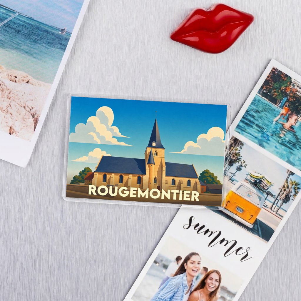 Magnet souvenir de la ville de Rougemontier avec une illustration stylisée de son église.