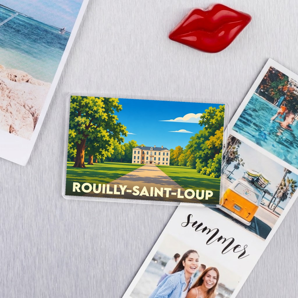 Magnet souvenir de la ville de Rouilly-Saint-Loup avec une illustration stylisée d'un château entouré d'arbres.