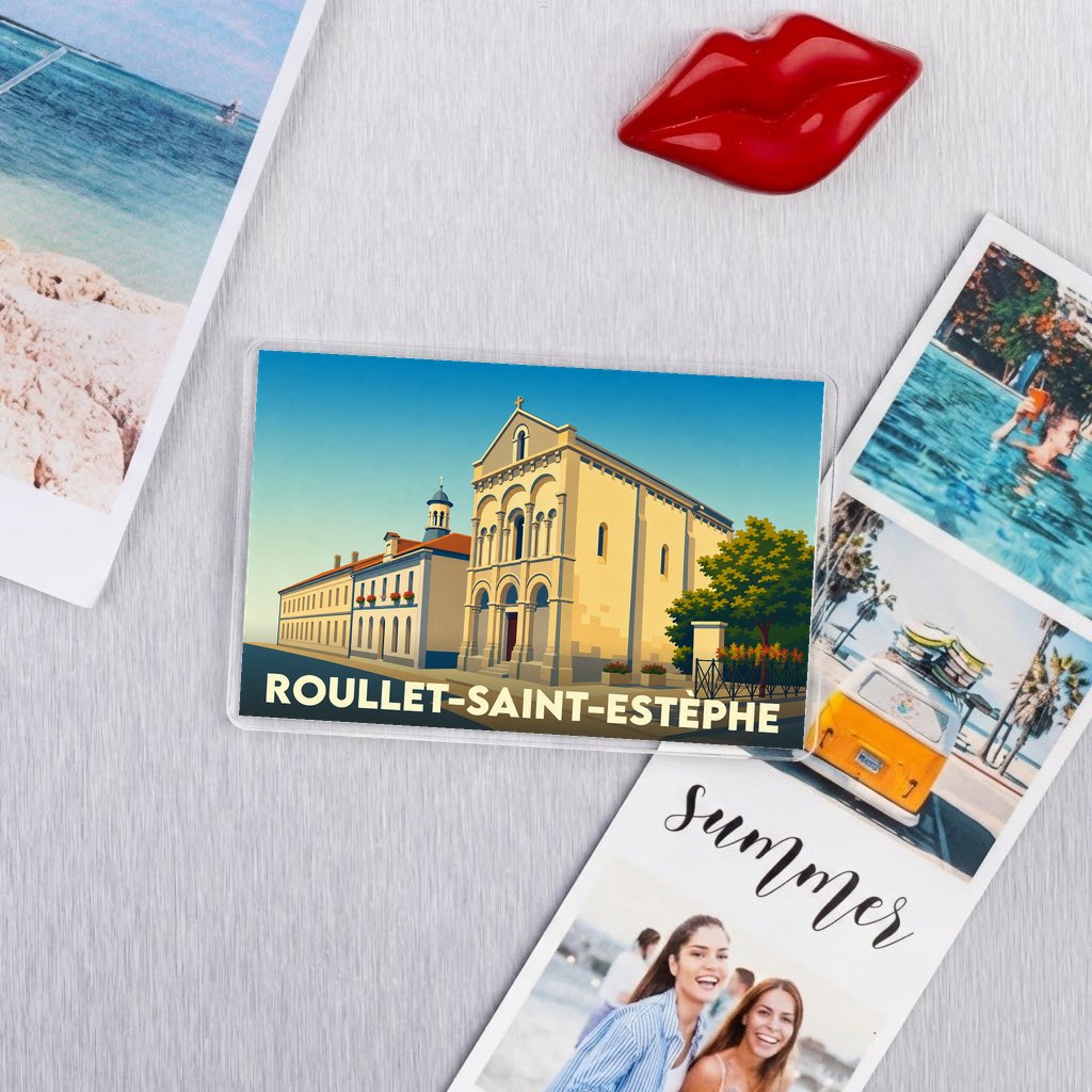 Magnet souvenir de la ville de Roullet-Saint-Estèphe avec une illustration stylisée de son église.