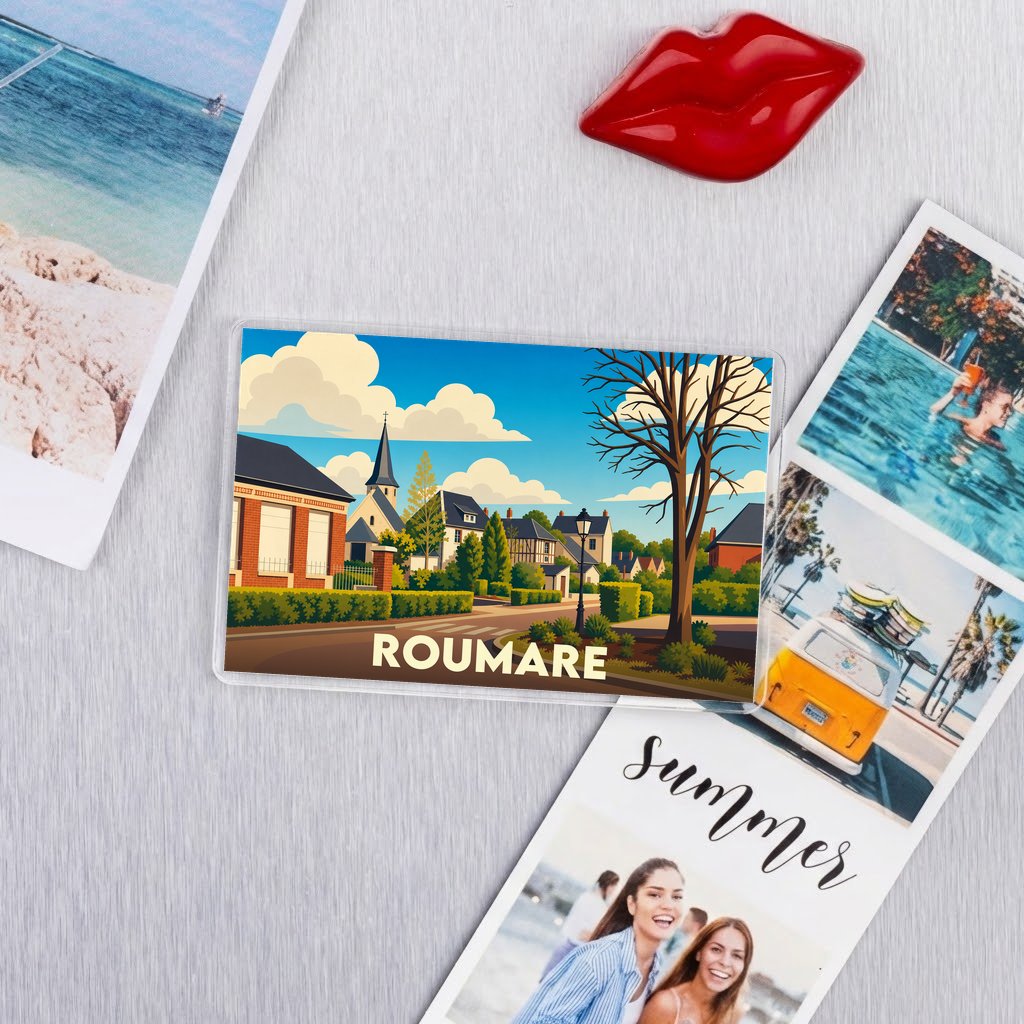 Magnet souvenir de la ville de Roumare avec une illustration colorée et stylisée.
