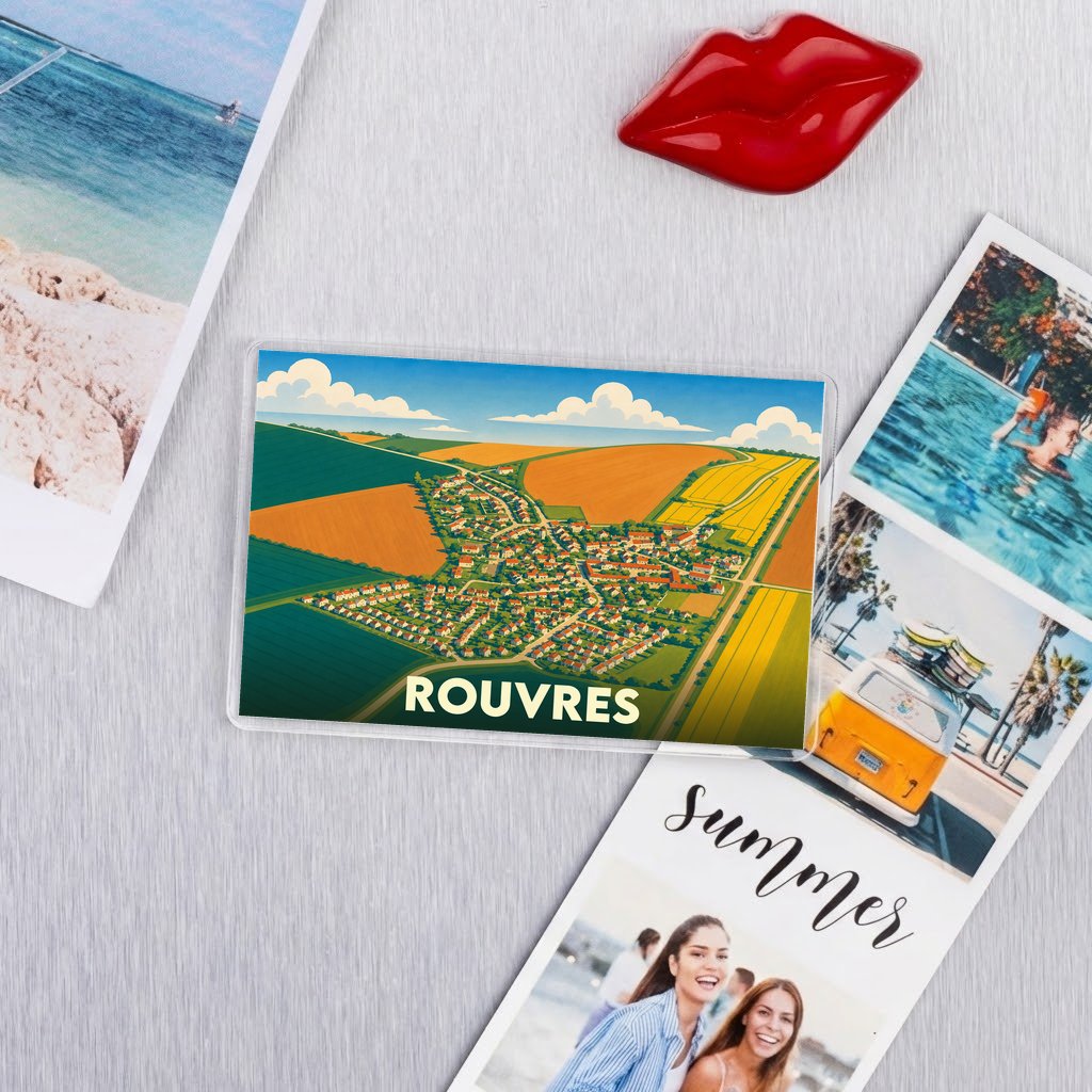 Magnet souvenir de la ville de Rouvres avec une illustration stylisée de ses paysages et habitations.
