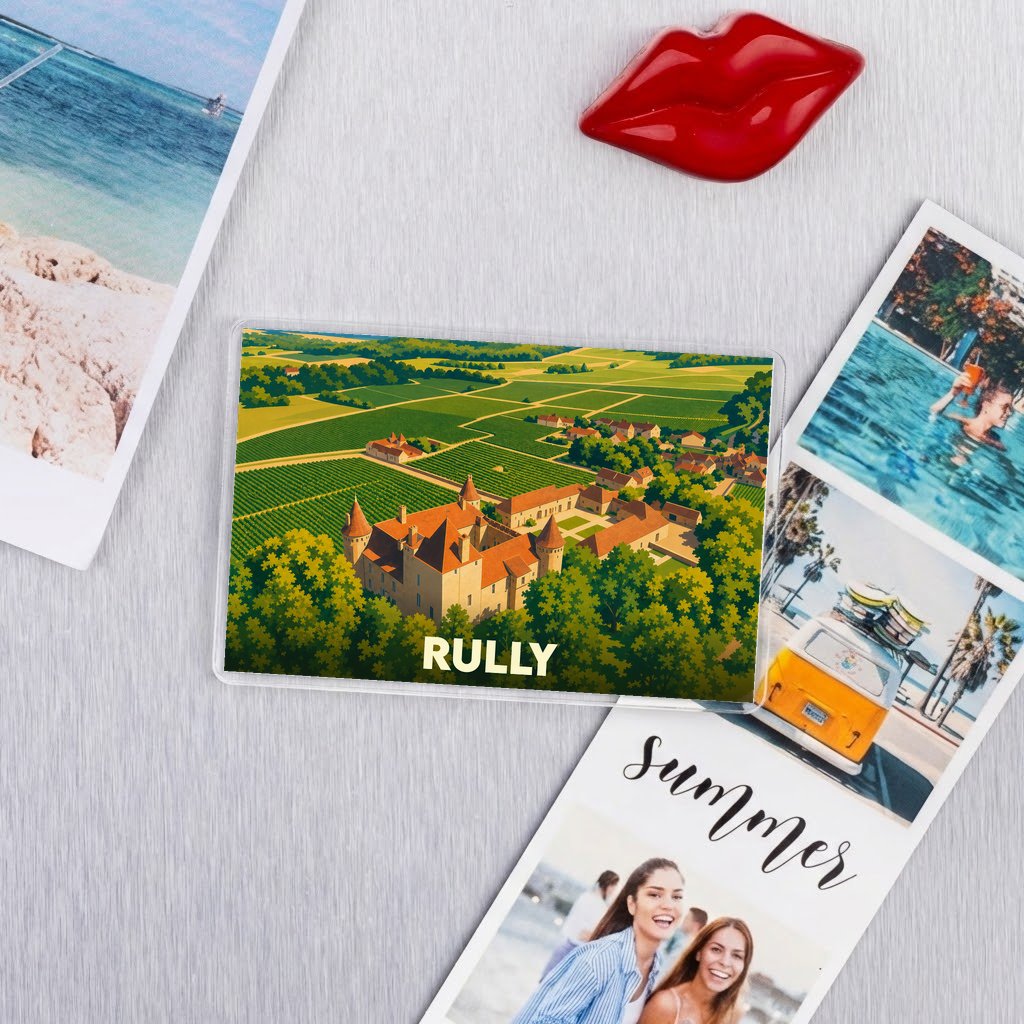 Magnet souvenir de la ville de Rully avec une illustration stylisée d'un château au milieu des vignobles.