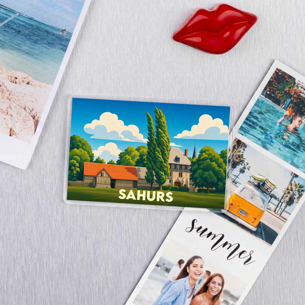 Magnet souvenir de la ville de Sahurs avec une illustration stylisée.