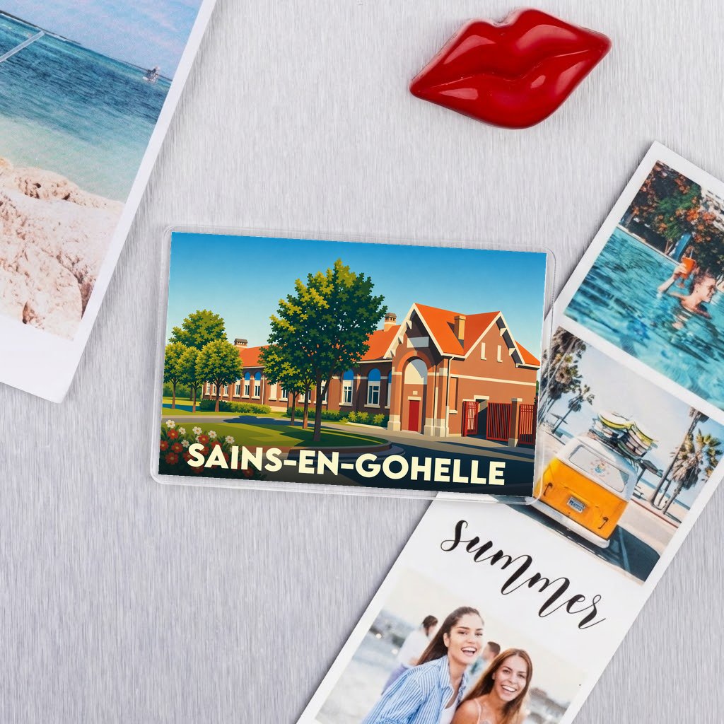 Magnet souvenir de la ville de Sains-en-Gohelle avec une illustration stylisée d'un bâtiment emblématique.