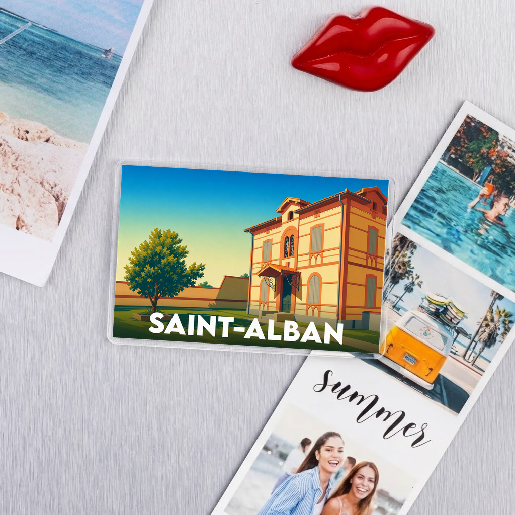 Magnet souvenir de la ville de Saint-Alban avec une illustration stylisée d'un bâtiment historique.