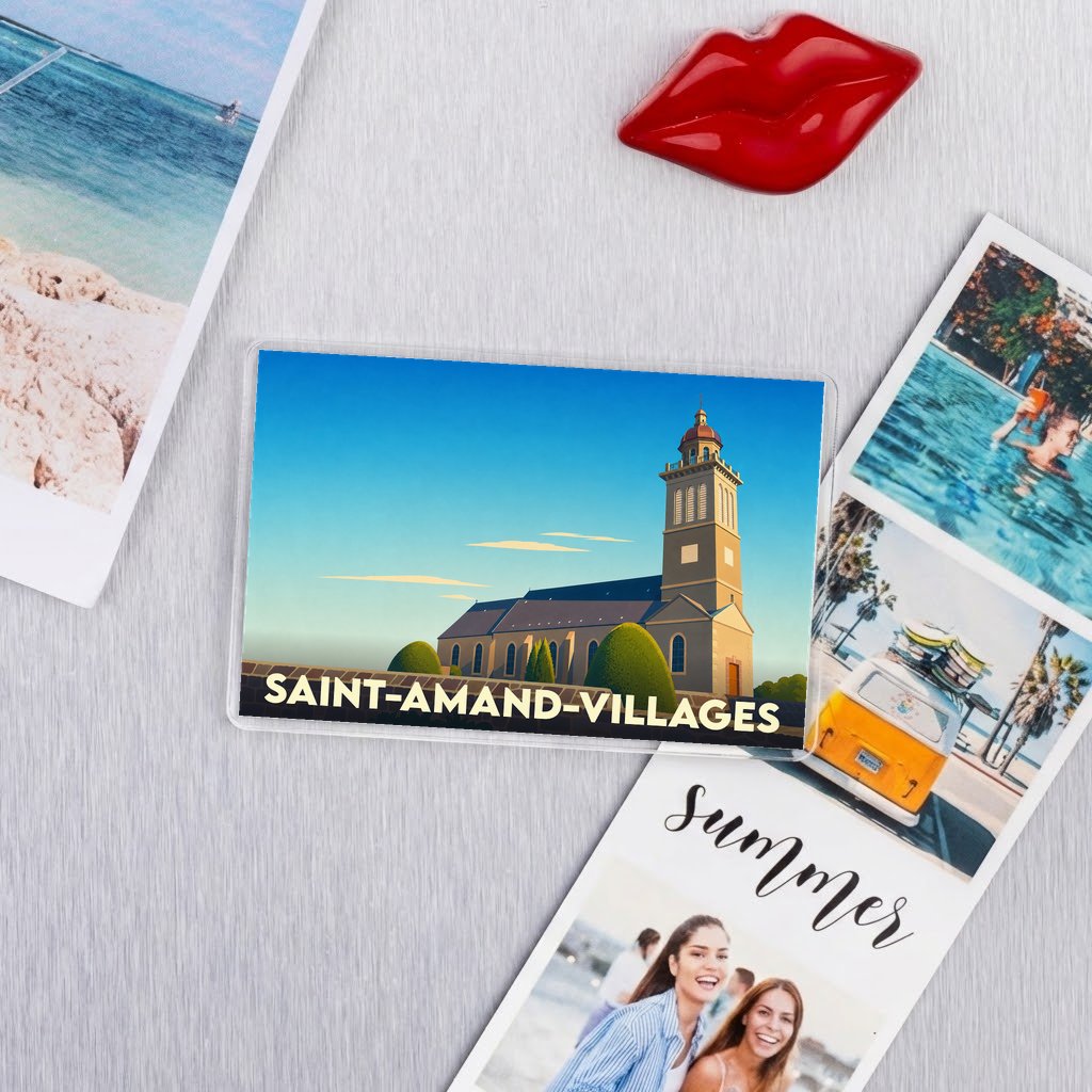 Magnet souvenir de la ville de Saint-Amand-Villages avec une illustration stylisée de son église.