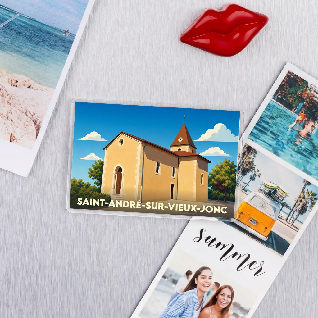 Magnet souvenir de la ville de Saint-André-sur-Vieux-Jonc avec une illustration stylisée de son église.