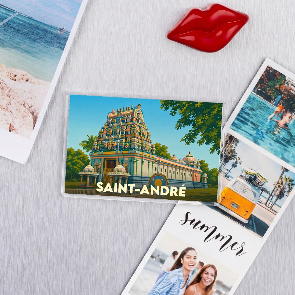 Magnet souvenir de la ville de Saint-André illustré d'un temple tamoul coloré.