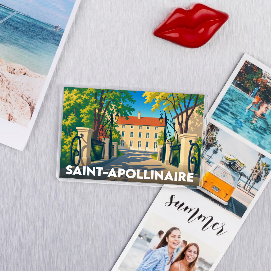 Magnet souvenir de la ville de Saint-Apollinaire avec une illustration stylisée.
