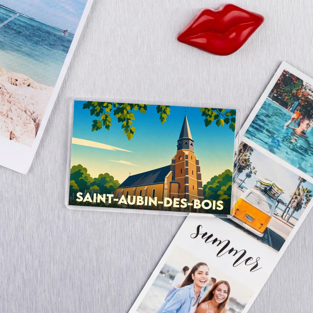 Magnet souvenir de la ville de Saint-Aubin-des-Bois avec une illustration stylisée de son église.