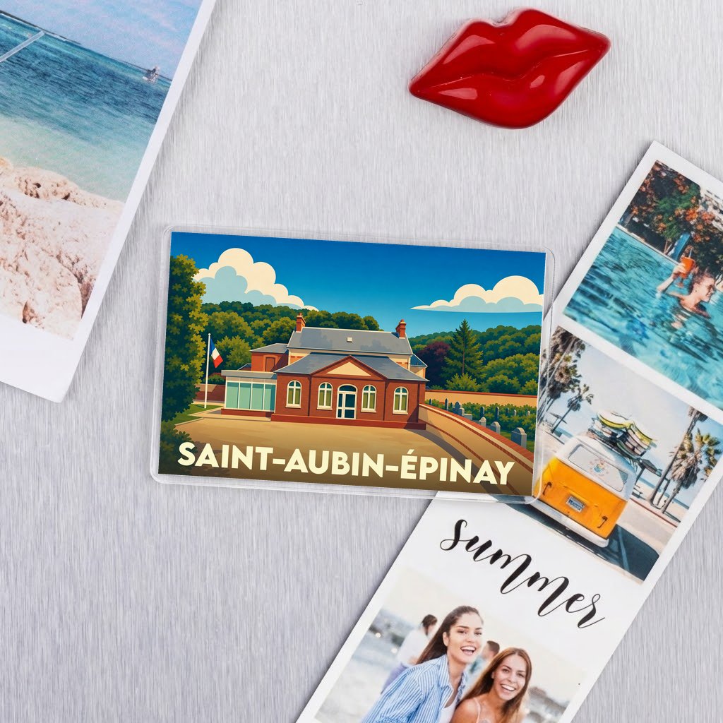 Magnet souvenir de la ville de Saint-Aubin-Épinay avec une illustration stylisée de sa mairie.
