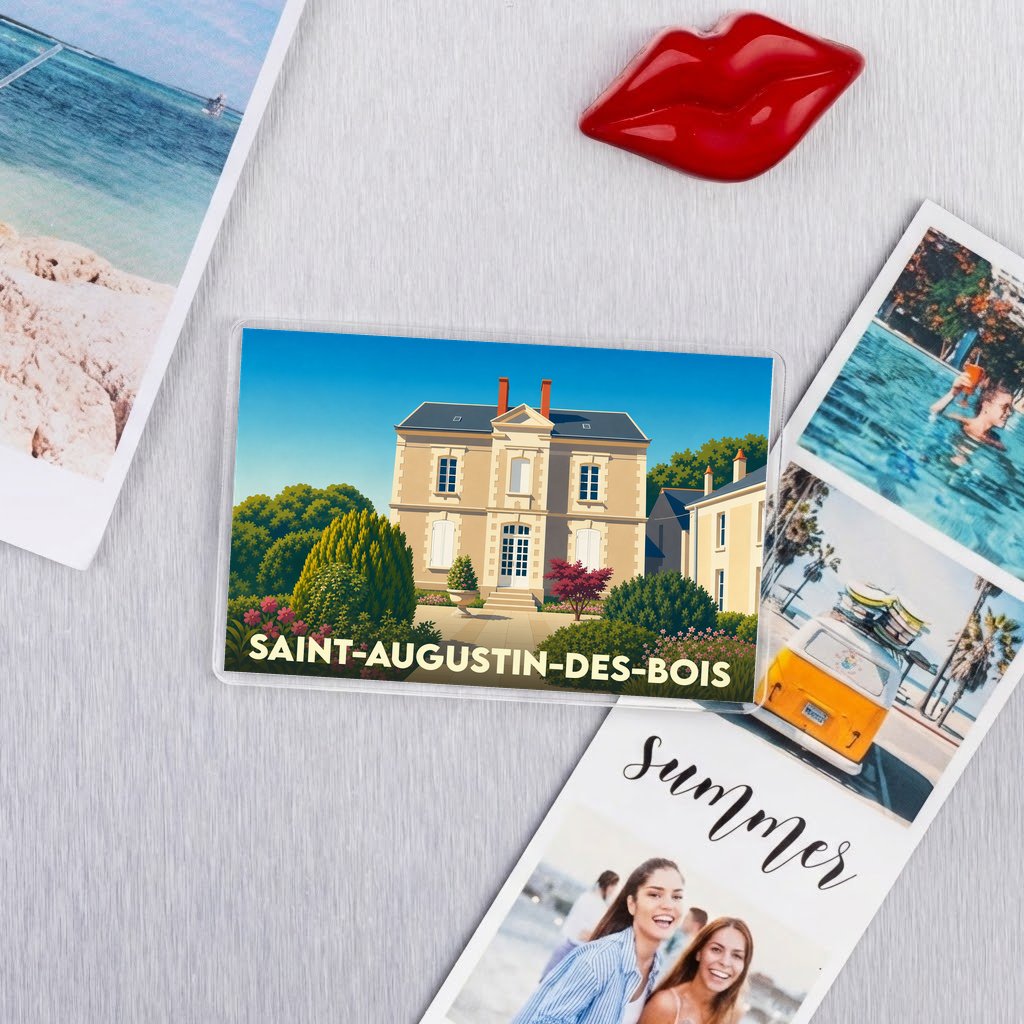 Magnet souvenir de la ville de Saint-Augustin-des-Bois avec une illustration stylisée d'une grande demeure bourgeoise.