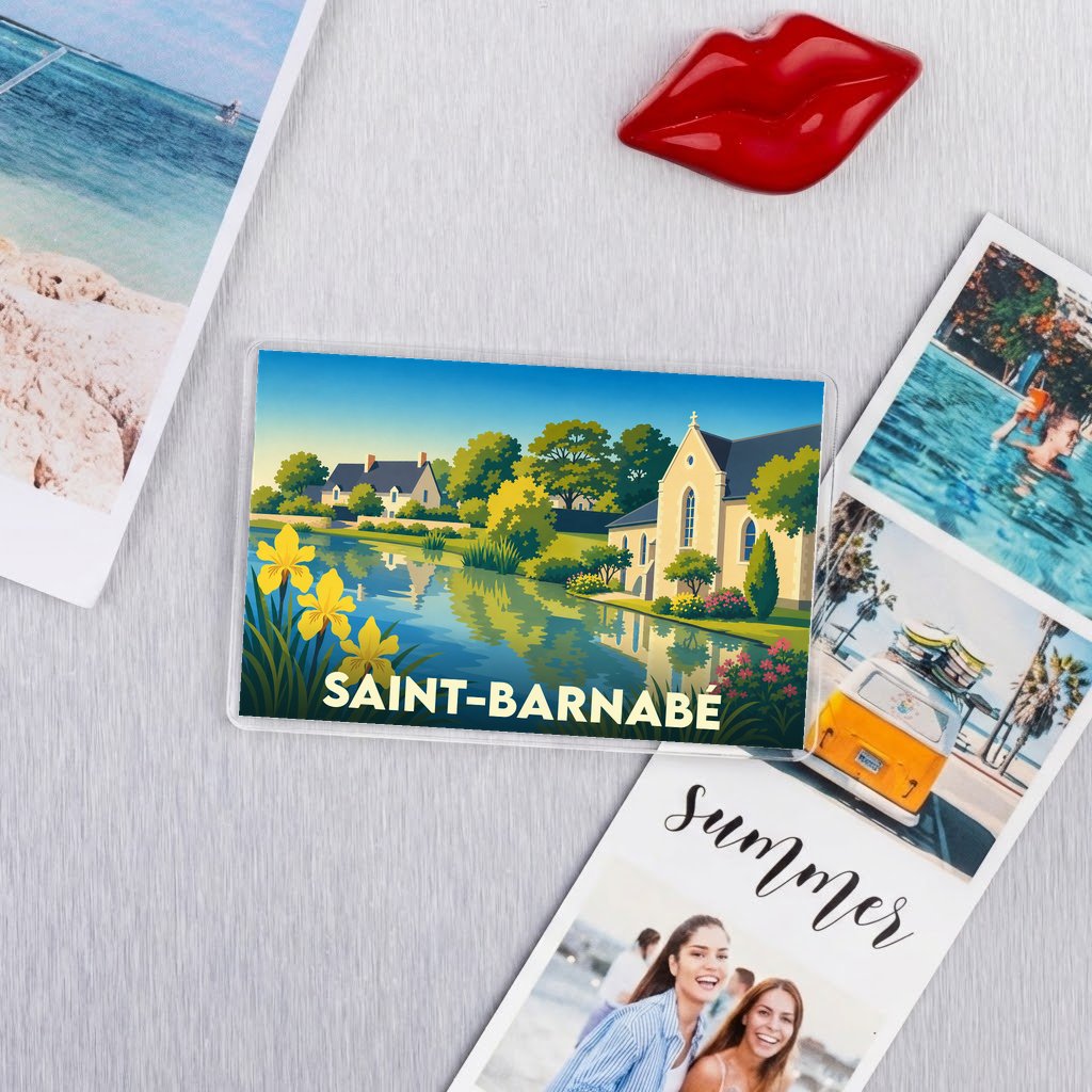 Magnet souvenir de la ville de Saint-Barnabé avec une illustration stylisée d'un paysage au bord de l'eau.