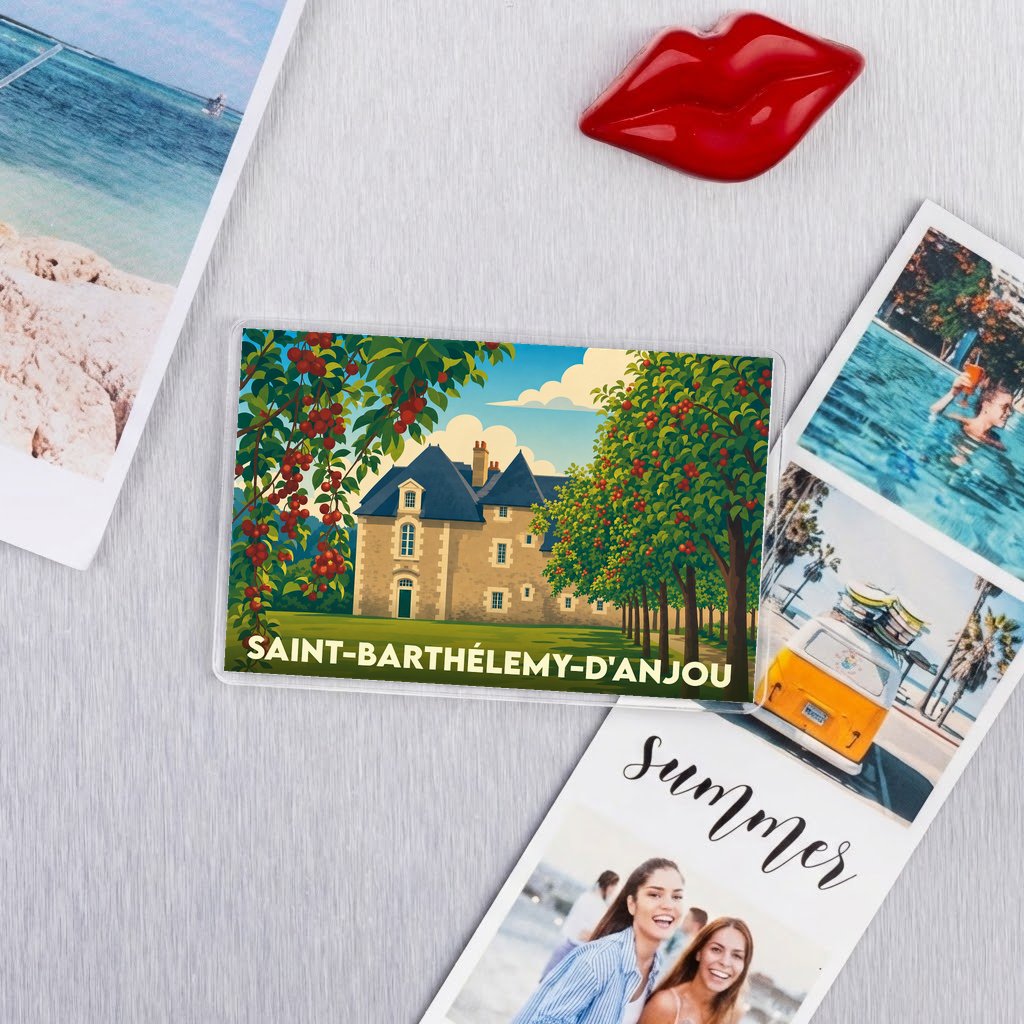Magnet rectangulaire souvenir de la ville de Saint-Barthélemy-d'Anjou avec une illustration stylisée d'un manoir et de cerisiers.