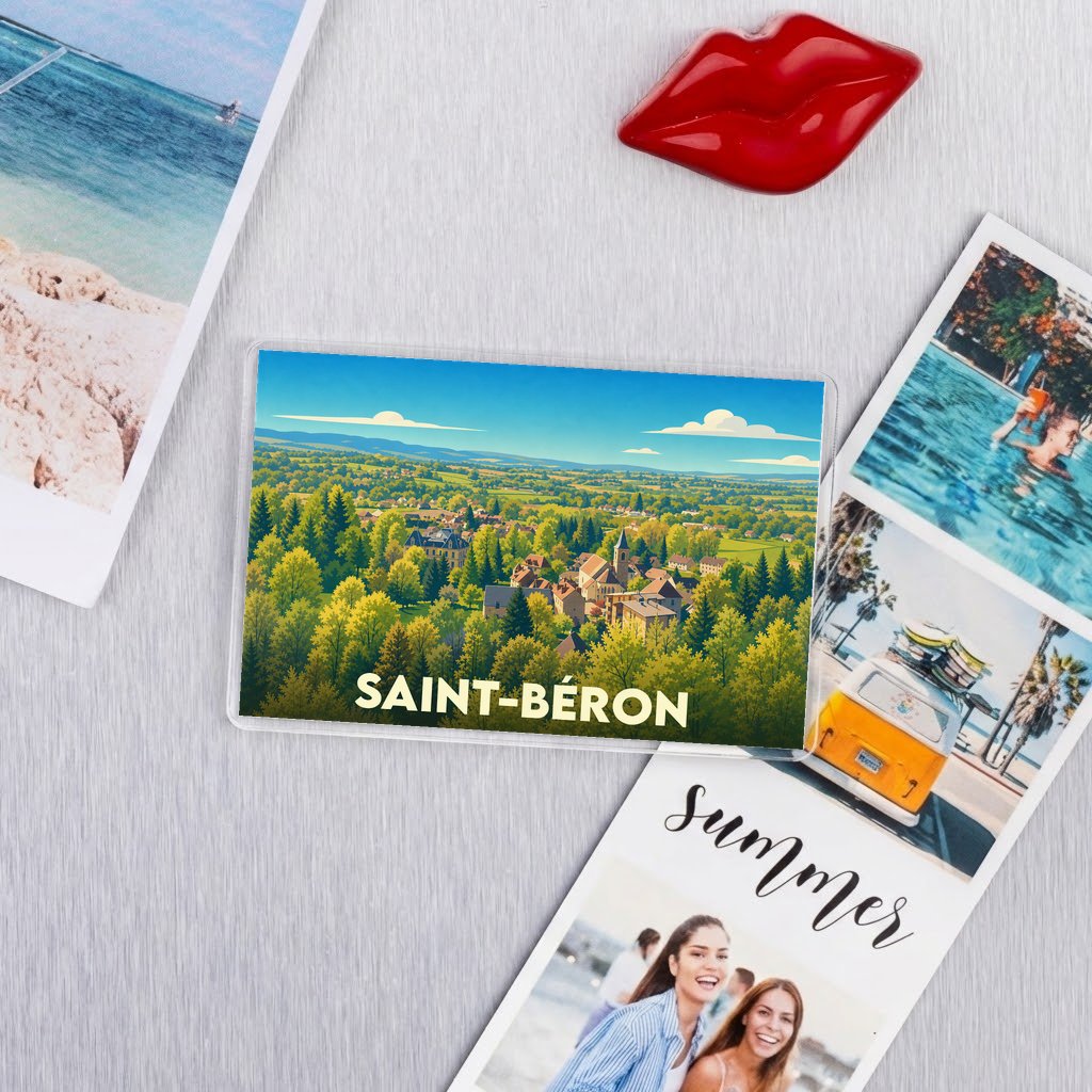 Magnet souvenir de la ville de Saint-Béron avec une illustration panoramique stylisée.