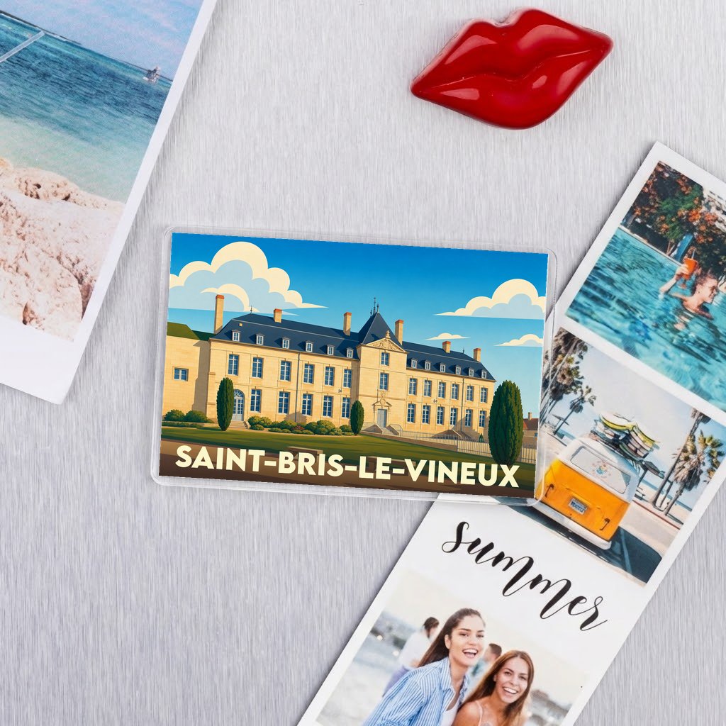 Magnet souvenir de la ville de Saint-Bris-le-Vineux illustrant un château de style classique sous un ciel bleu.