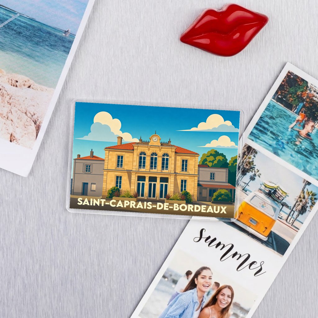 Magnet souvenir de la ville de Saint-Caprais-de-Bordeaux avec une illustration stylisée de sa mairie.