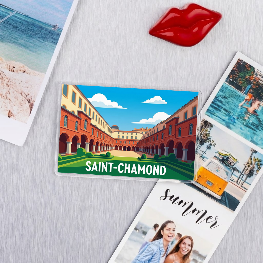 Magnet souvenir de la ville de Saint-Chamond avec une illustration stylisée.