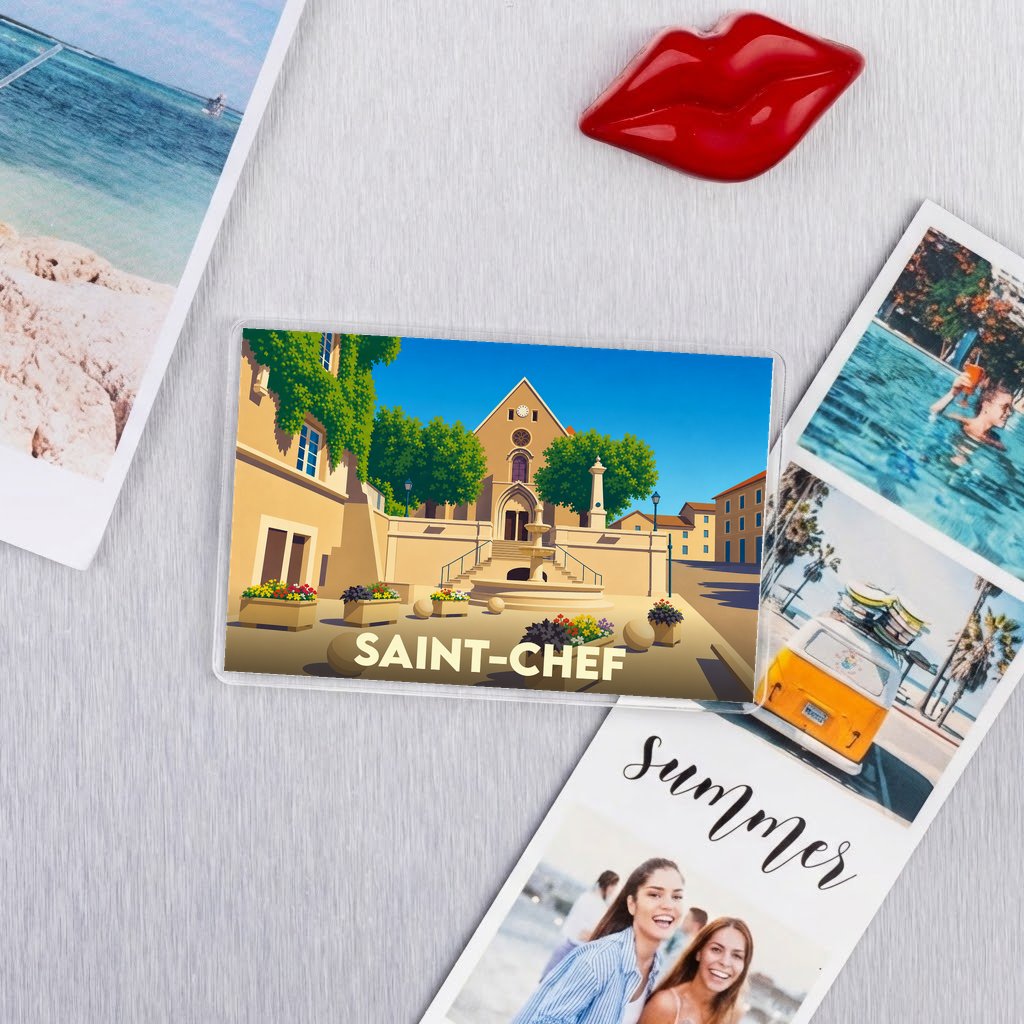 Magnet souvenir de la ville de Saint-Chef avec une illustration stylisée.