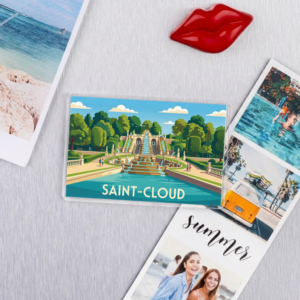 Magnet souvenir de la ville de Saint-Cloud avec une illustration stylisée de son célèbre domaine national.