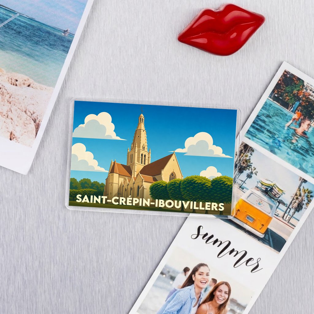 Magnet souvenir de la ville de Saint-Crépin-Ibouvillers avec une illustration stylisée de son église.