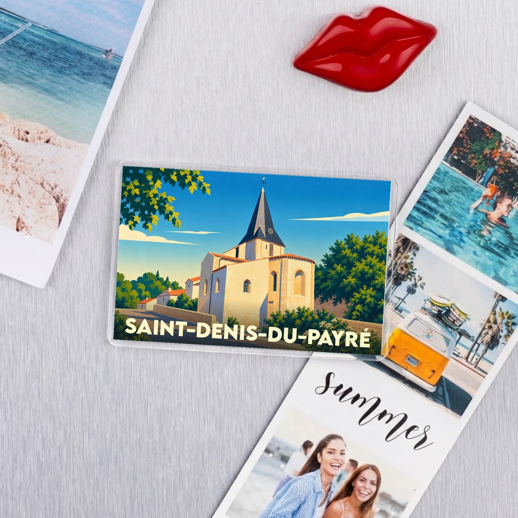 Magnet souvenir de la ville de Saint-Denis-du-Payré avec une illustration stylisée de son église.