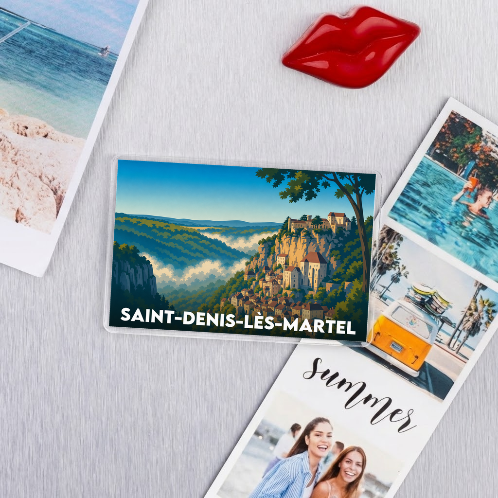 Magnet souvenir de la ville de Saint-Denis-lès-Martel avec une illustration stylisée.