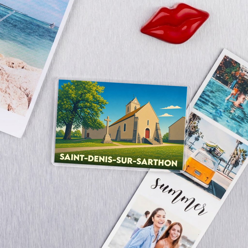 Magnet souvenir de la ville de Saint-Denis-sur-Sarthon avec une illustration stylisée de son église.