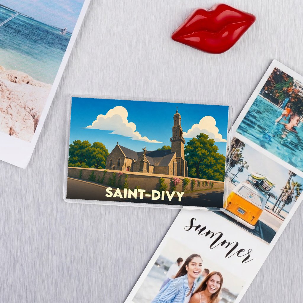 Magnet souvenir de la ville de Saint-Divy avec une illustration stylisée de son église.