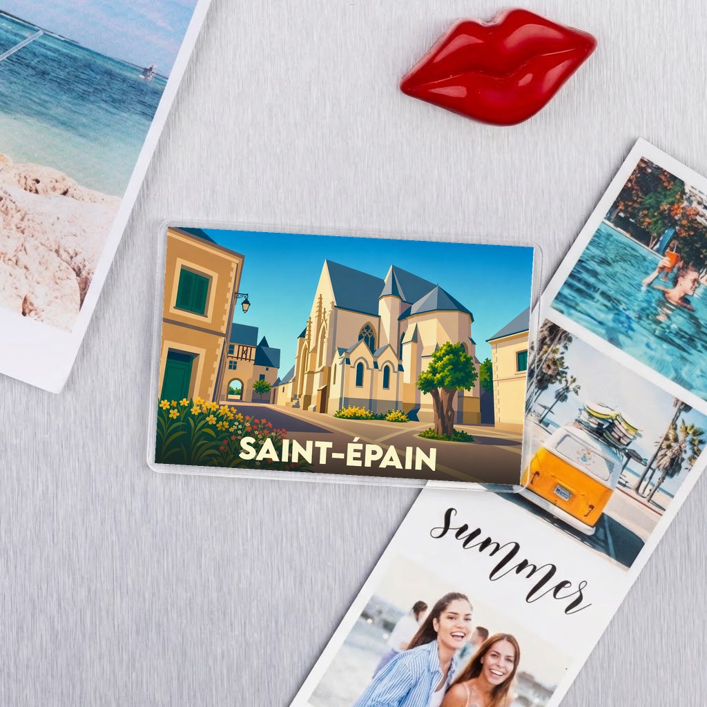 Magnet souvenir de la ville de Saint-Épain avec une illustration stylisée de son église et de ses rues.