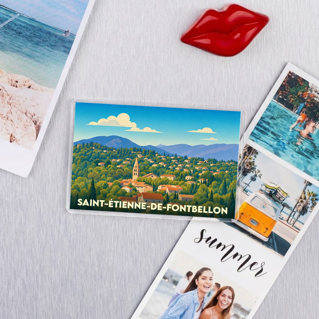 Magnet souvenir de la ville de Saint-Étienne-de-Fontbellon avec une illustration stylisée.