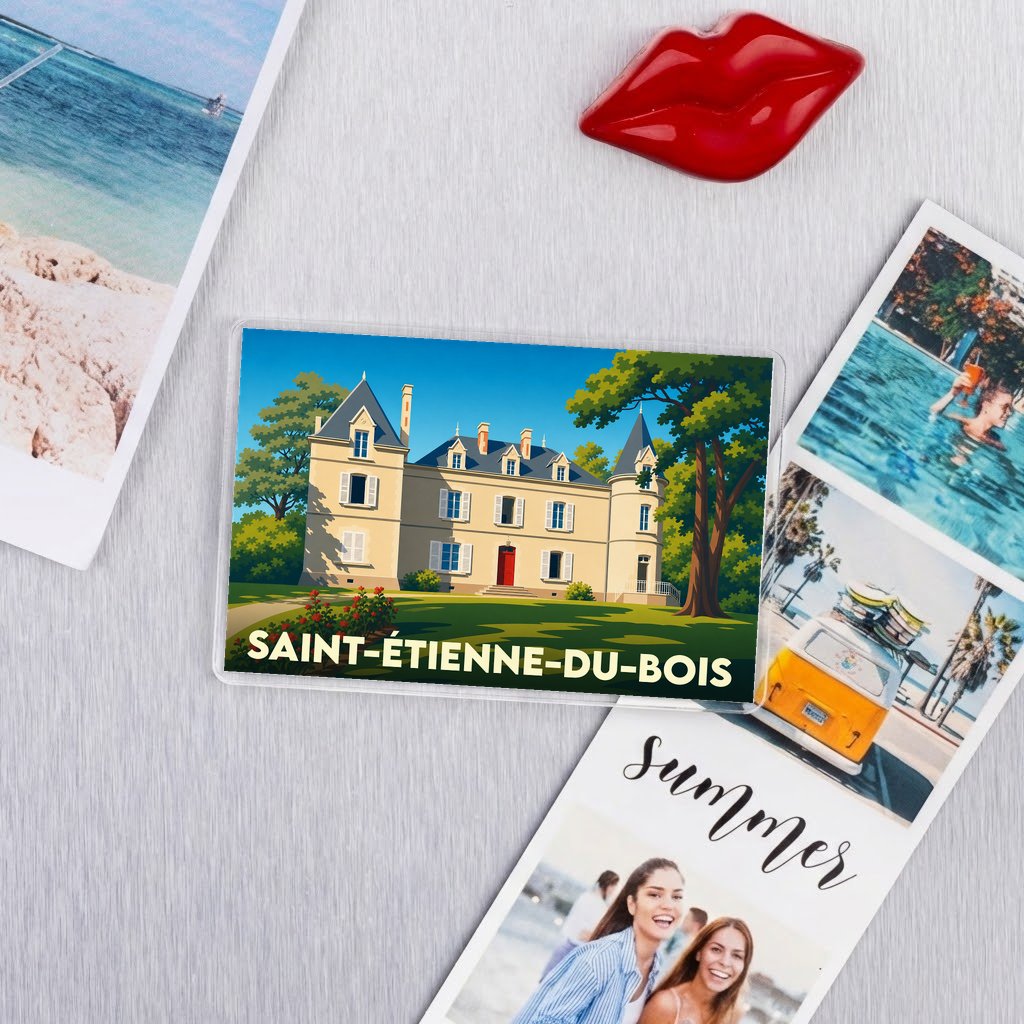 Magnet souvenir de la ville de Saint-Étienne-du-Bois avec une illustration stylisée d'un château.