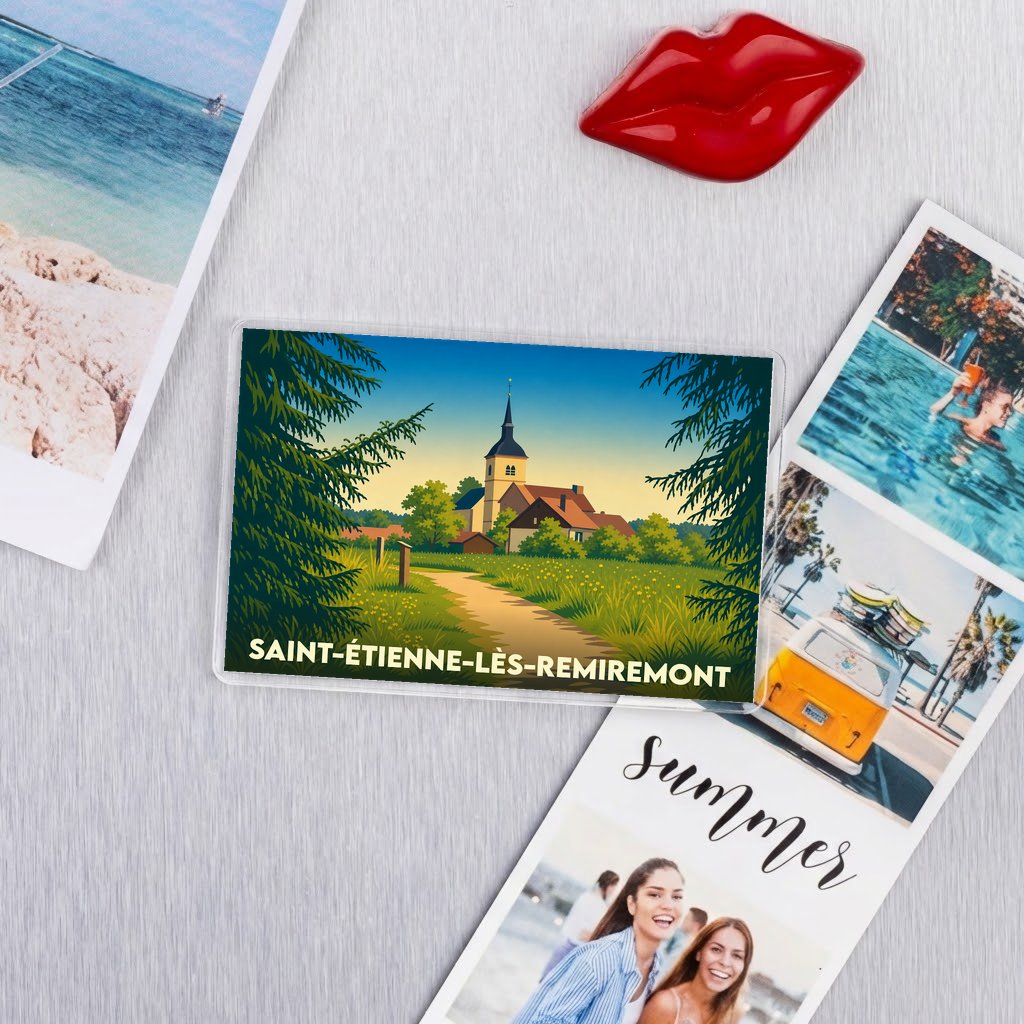 Magnet souvenir de la ville de Saint-Étienne-lès-Remiremont avec une illustration stylisée de son église et de sa nature environnante.
