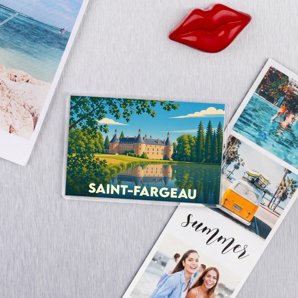 Magnet souvenir de la ville de Saint-Fargeau avec une illustration stylisée de son château se reflétant dans l'eau.