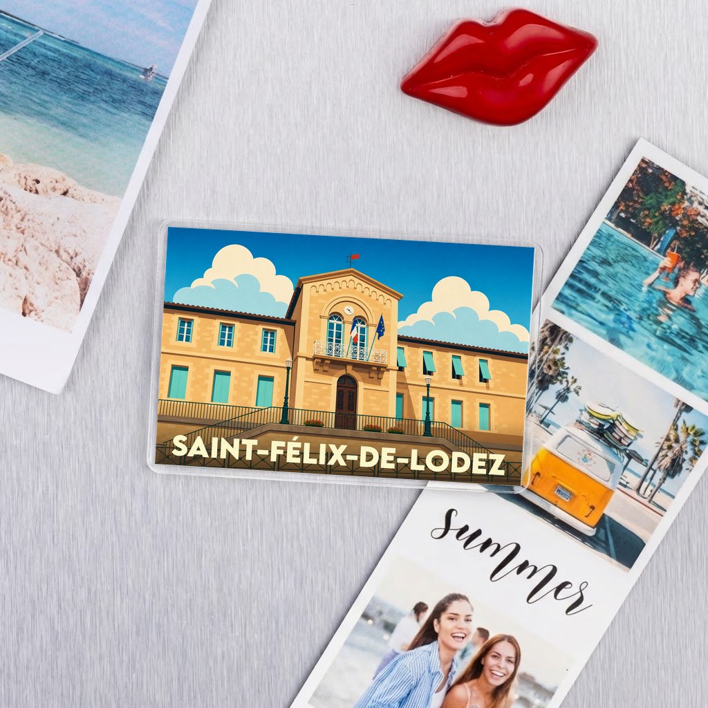 Magnet souvenir de la ville de Saint-Félix-de-Lodez avec une illustration stylisée de sa mairie.