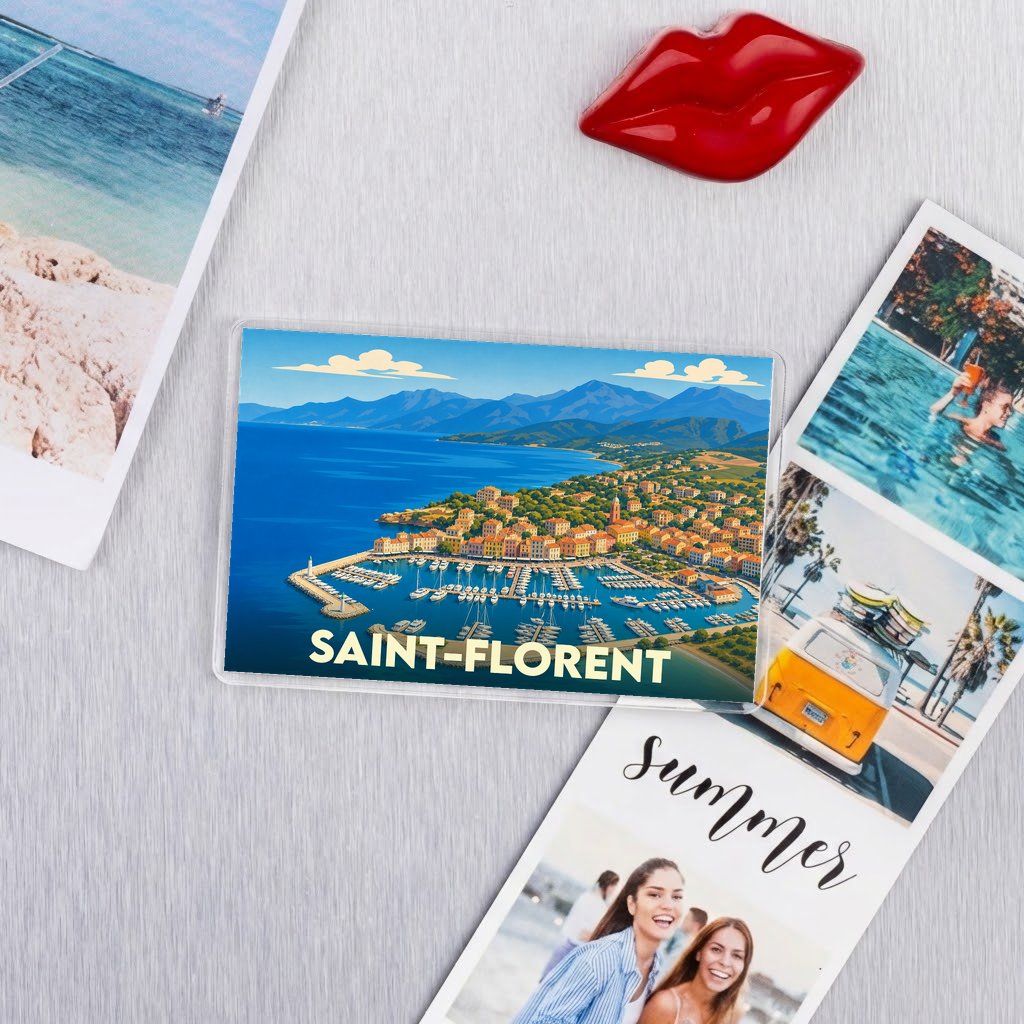Magnet souvenir de la ville de Saint-Florent avec une illustration stylisée de son port et de sa baie.