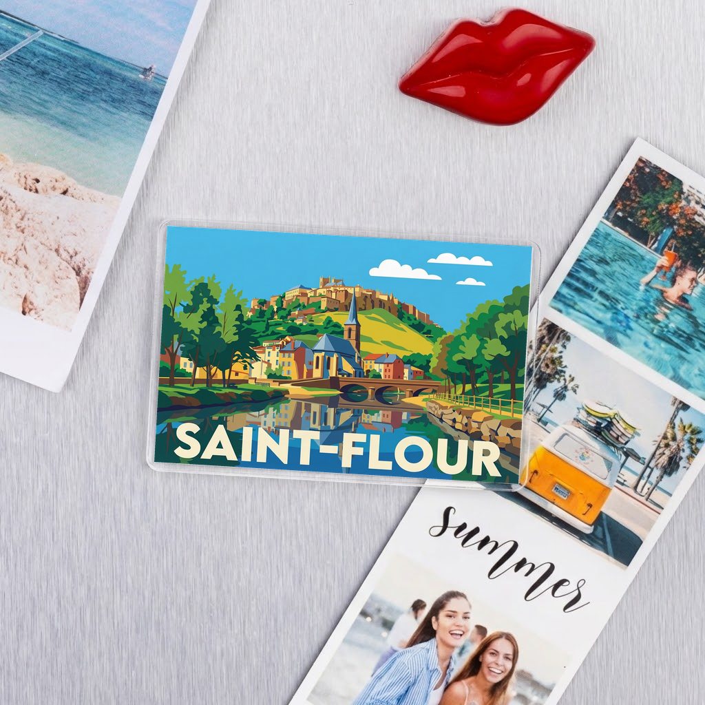 Magnet souvenir de la ville de Saint-Flour avec une illustration stylisée.