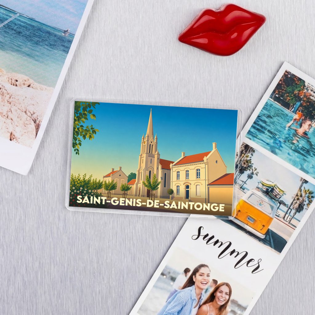 Magnet souvenir de la ville de Saint-Genis-de-Saintonge avec une illustration stylisée de son église.