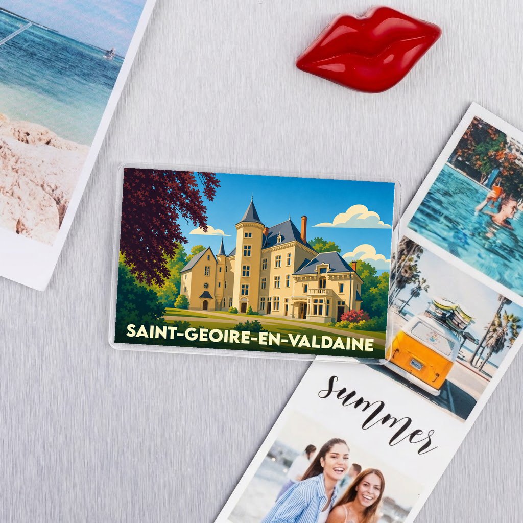 Magnet souvenir de la ville de Saint-Geoire-en-Valdaine avec une illustration stylisée de château.