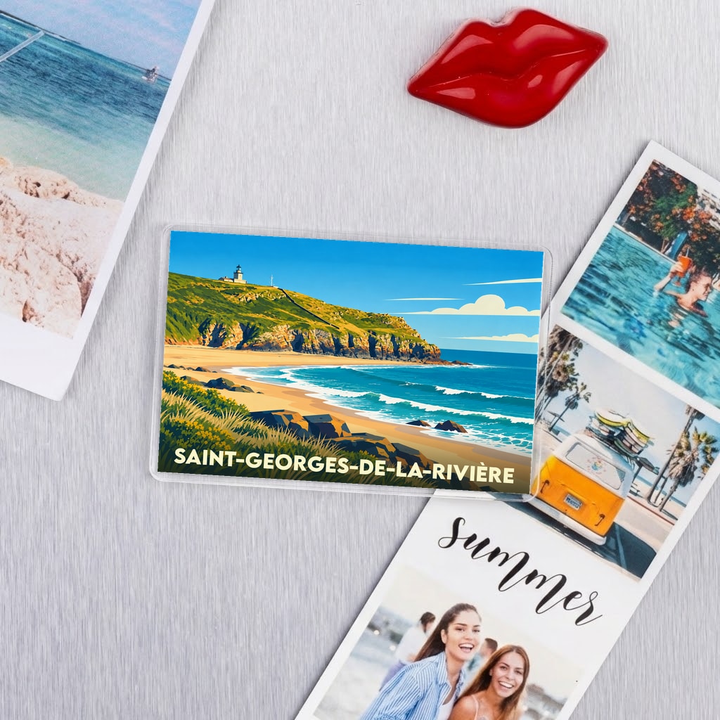 Magnet souvenir de la ville de Saint-Georges-de-la-Rivière avec une illustration stylisée de son littoral.