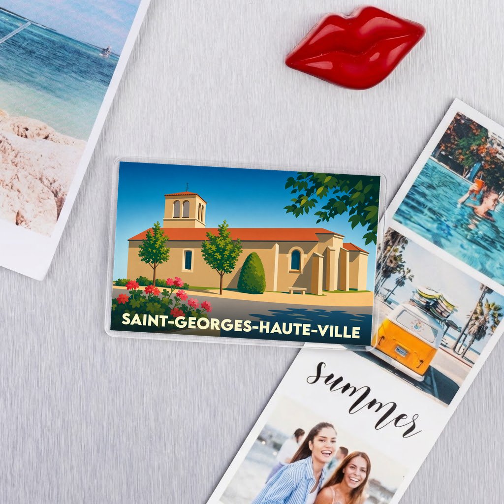 Magnet souvenir de la ville de Saint-Georges-Haute-Ville avec une illustration stylisée de son église.