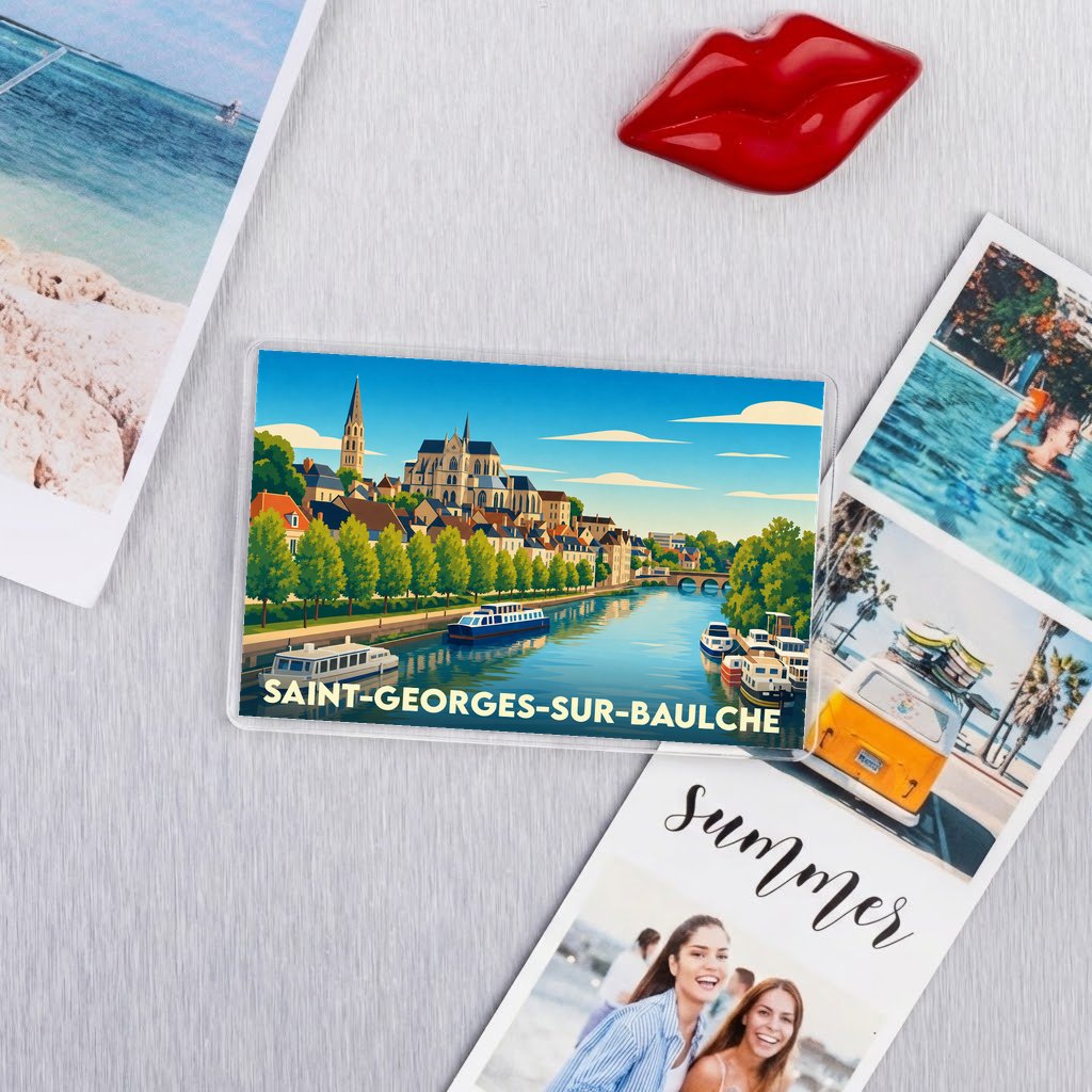 Magnet souvenir de la ville de Saint-Georges-sur-Baulche avec une illustration stylisée des bords de l'Yonne.