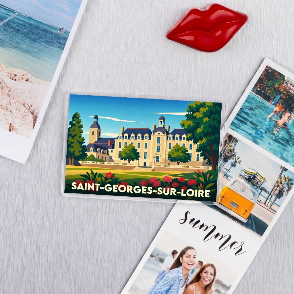 Magnet souvenir de la ville de Saint-Georges-sur-Loire avec une illustration stylisée d'un château.