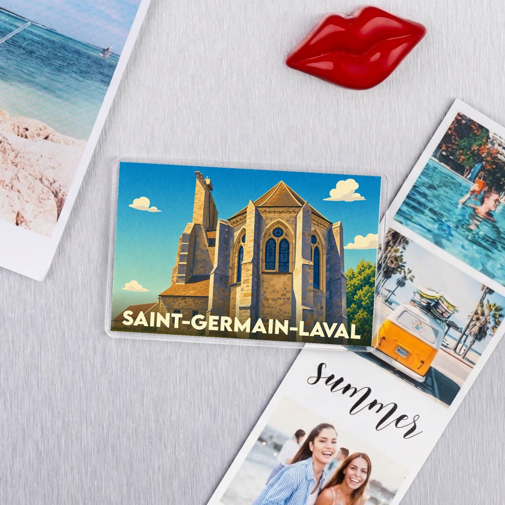 Magnet souvenir de la ville de Saint-Germain-Laval avec une illustration stylisée d'une église.