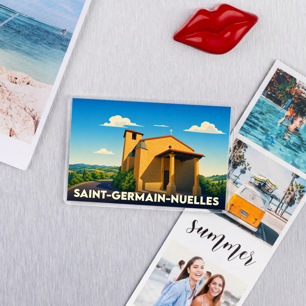 Magnet souvenir de la ville de Saint-Germain-Nuelles avec une illustration stylisée.